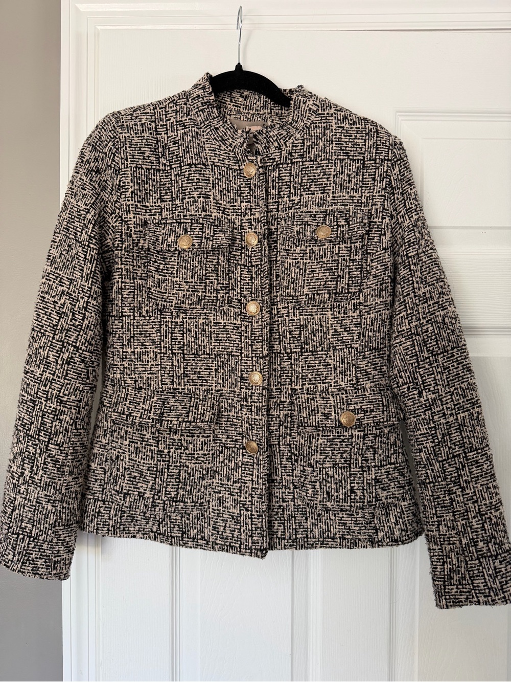 Classic Black and Cream Tweed Jacket with Gold Buttons, size M